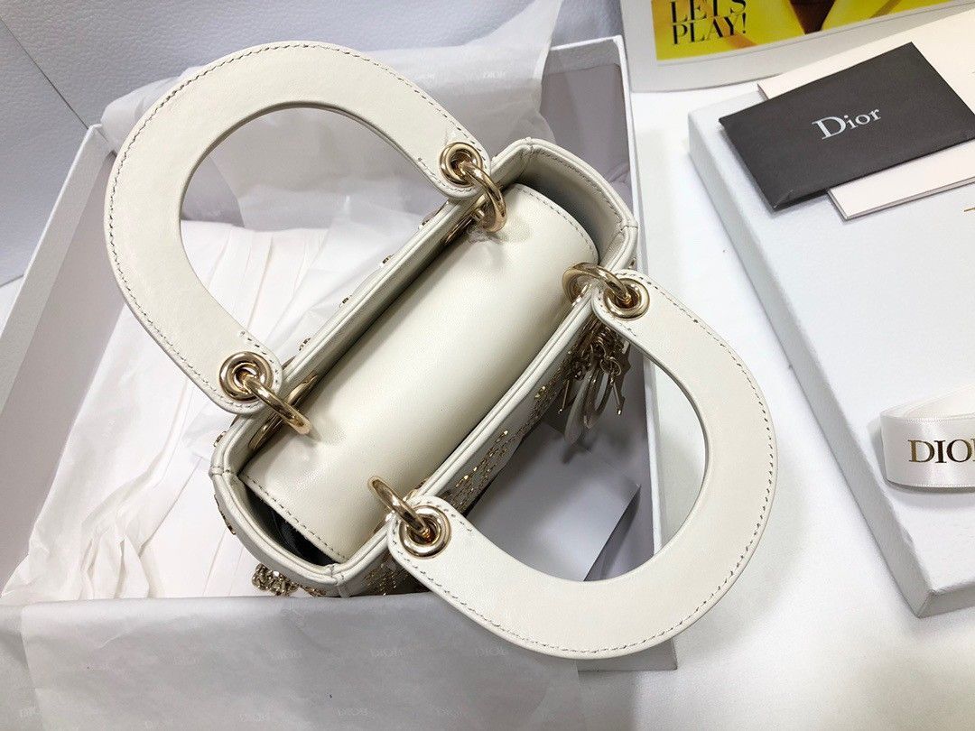 Dior Lady Dior Mini Chain Bag in White Lambskin with Star Embroidery