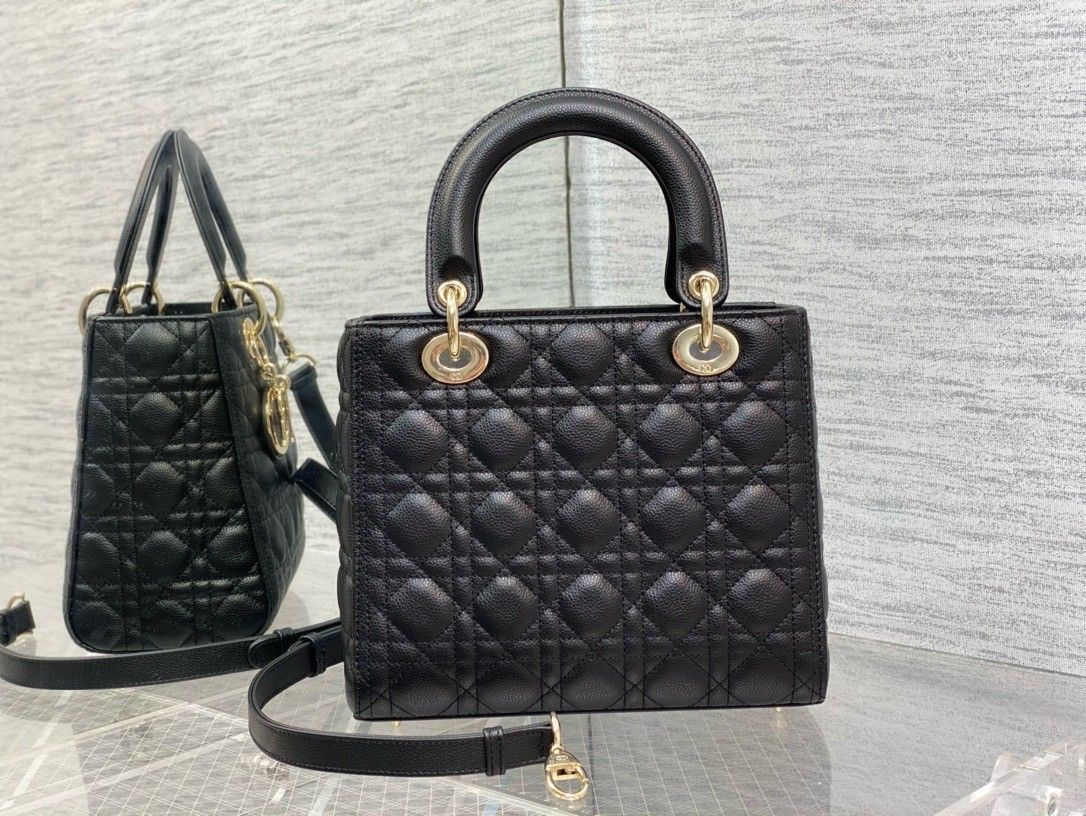 Dior Small Lady Dior Bag in Black Grained Cannage Calfskin