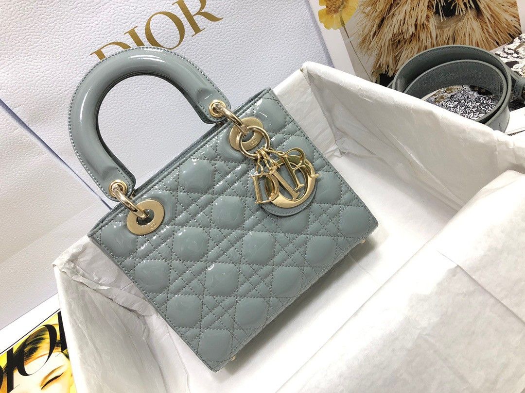 Dior Small Lady Dior Bag In Grey Patent Cannage Calfskin