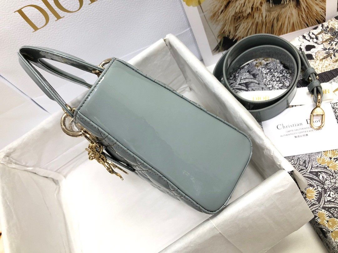 Dior Small Lady Dior Bag In Grey Patent Cannage Calfskin