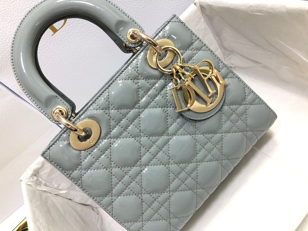 Dior Small Lady Dior Bag In Grey Patent Cannage Calfskin