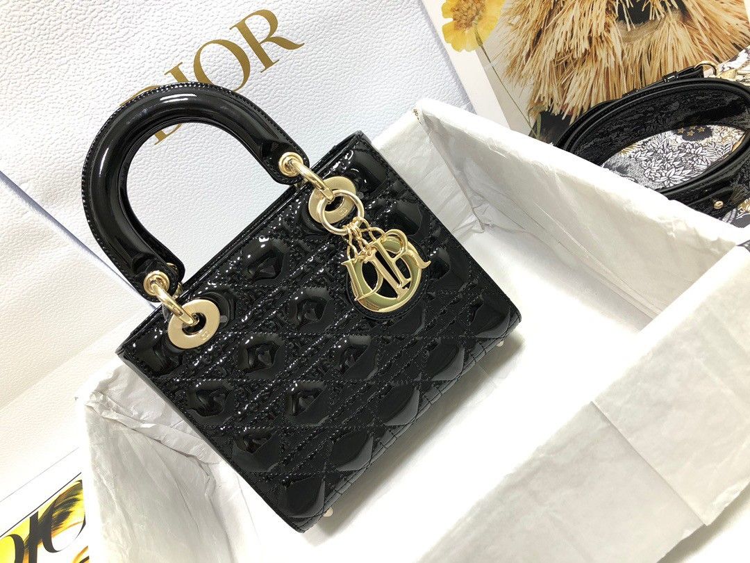 Dior Small Lady Dior Bag In Black Patent Cannage Calfskin