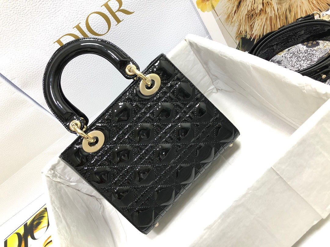 Dior Small Lady Dior Bag In Black Patent Cannage Calfskin