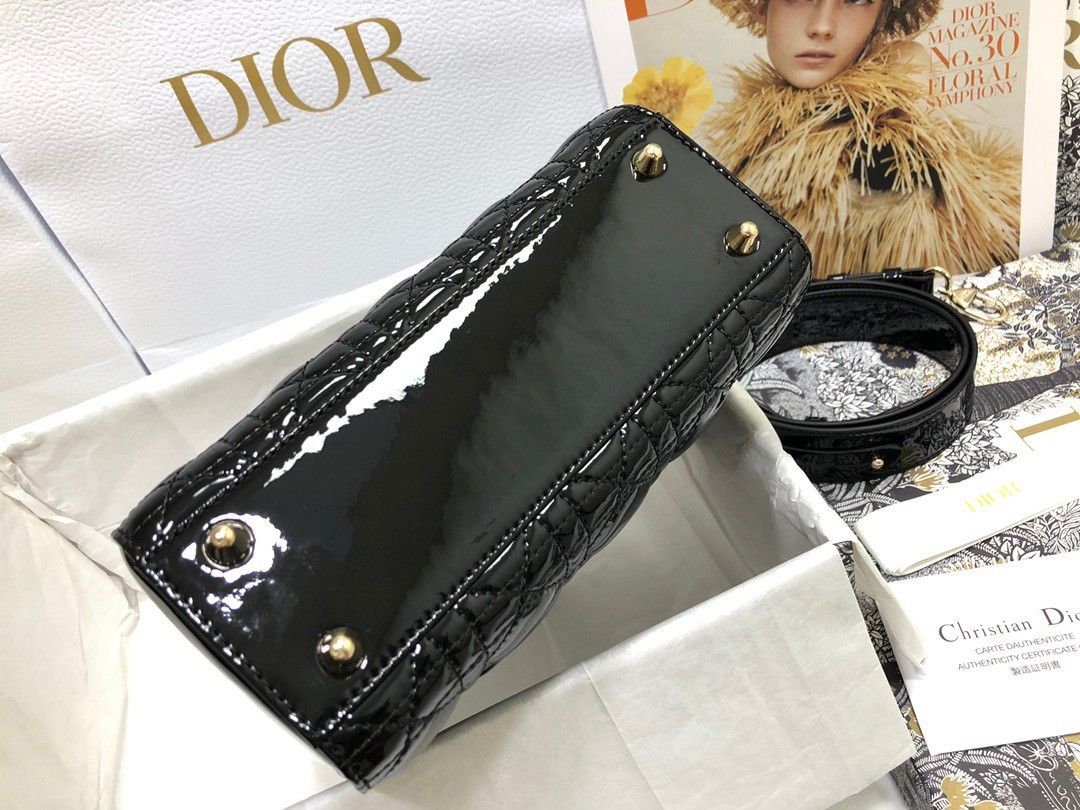 Dior Small Lady Dior Bag In Black Patent Cannage Calfskin