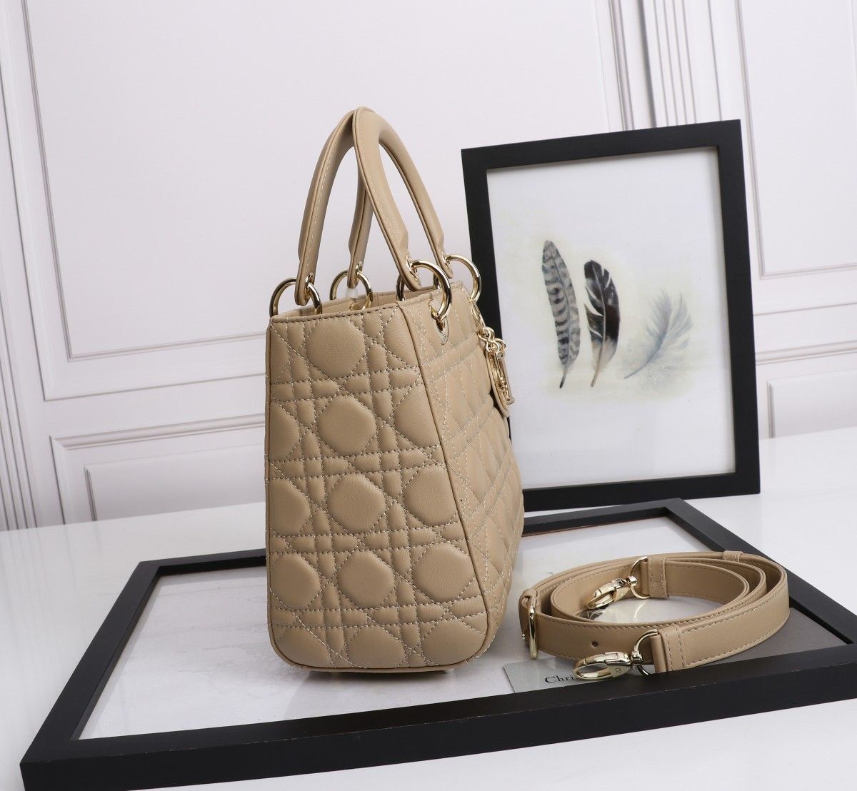 Dior Lady Dior Medium Bag in Beige Lambskin with Enamel Charm