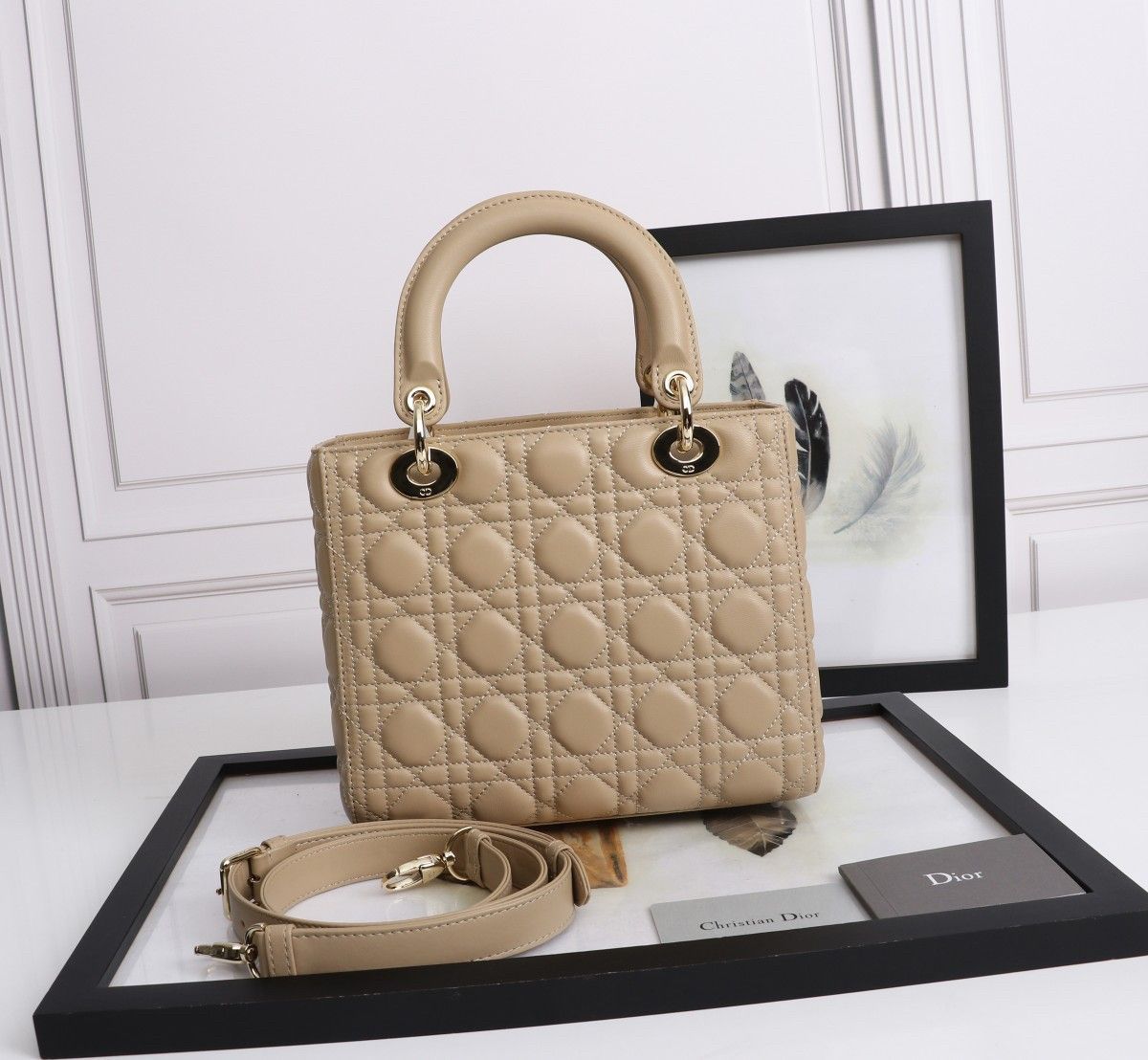 Dior Lady Dior Medium Bag in Beige Lambskin with Enamel Charm