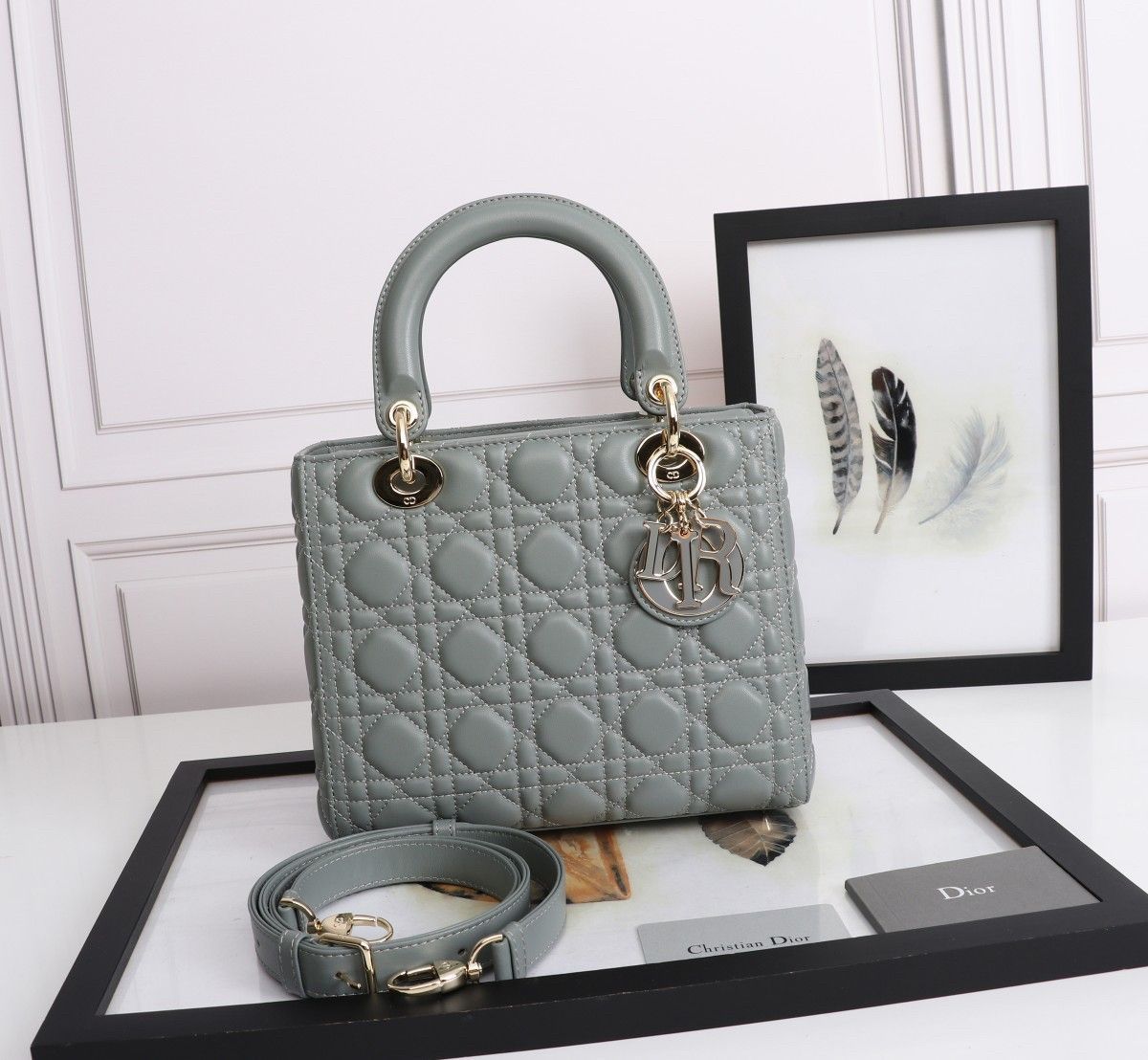 Dior Lady Dior Medium Bag in Grey Lambskin with Enamel Charm