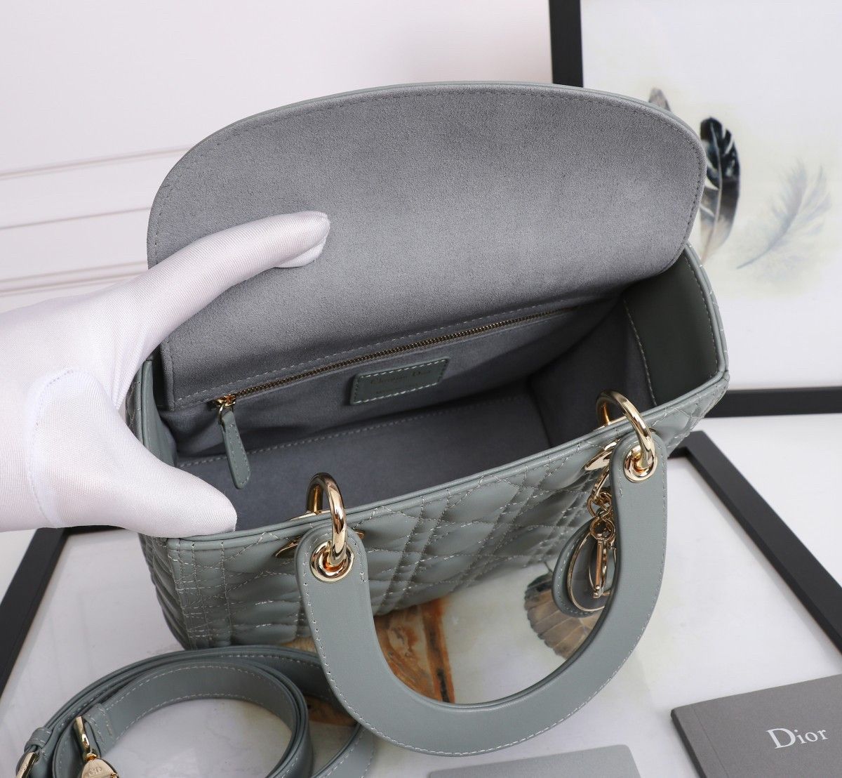 Dior Lady Dior Medium Bag in Grey Lambskin with Enamel Charm