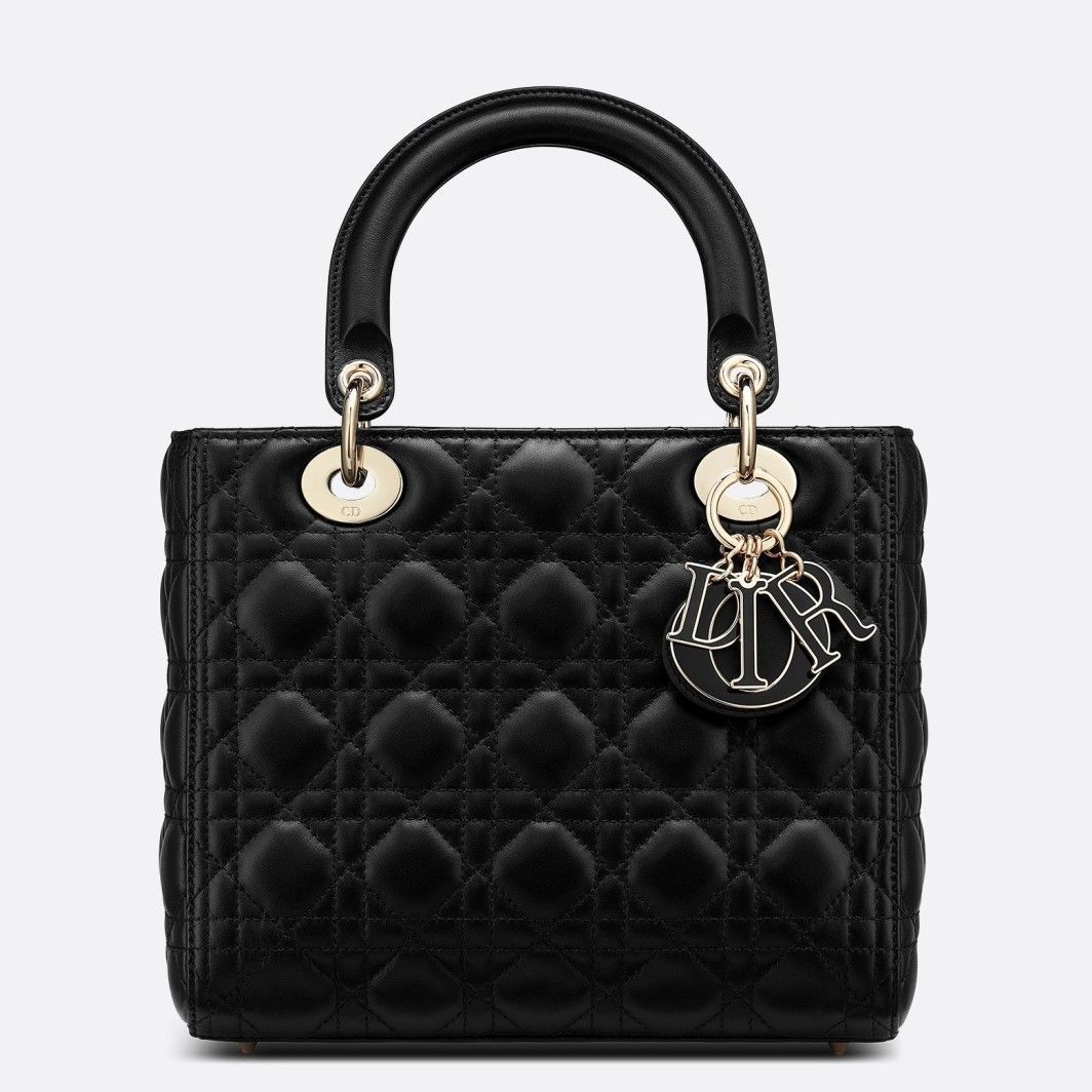 Dior Lady Dior Medium Bag in Black Lambskin with Enamel Charm