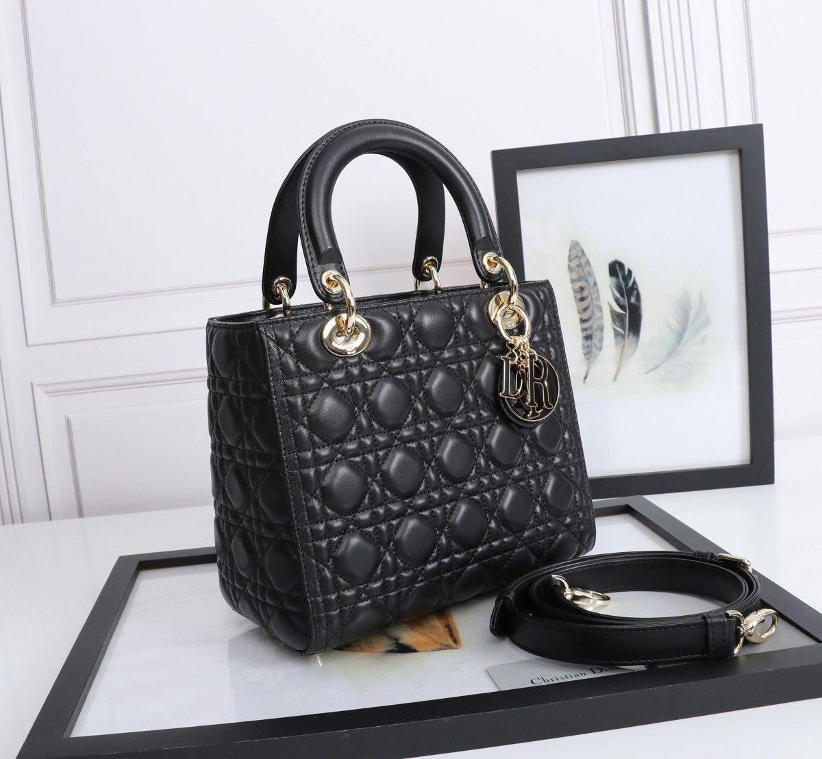 Dior Lady Dior Medium Bag in Black Lambskin with Enamel Charm