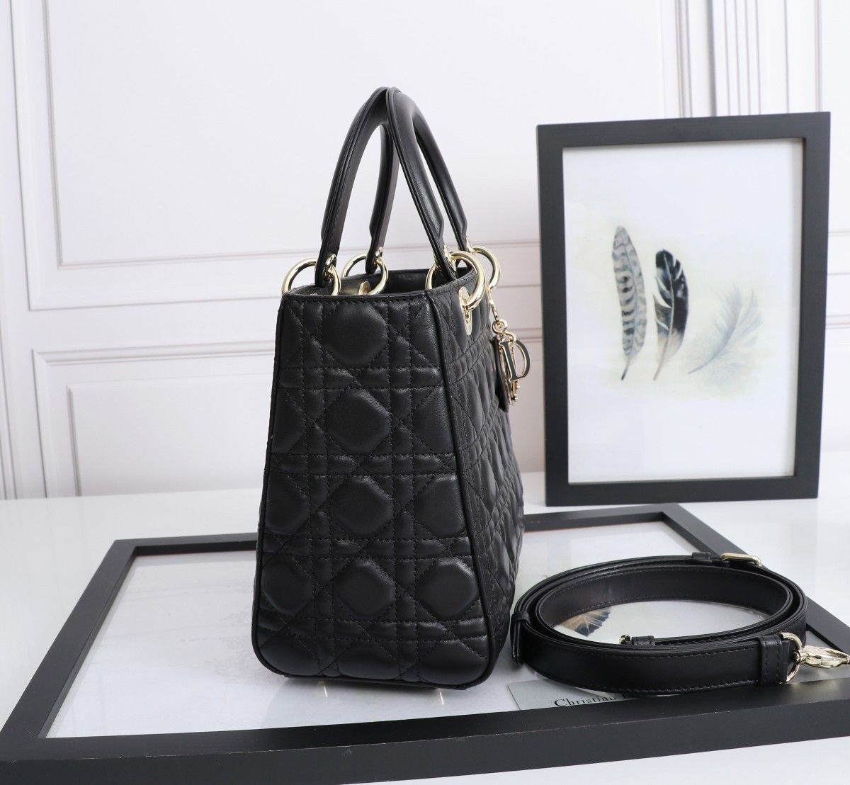 Dior Lady Dior Medium Bag in Black Lambskin with Enamel Charm