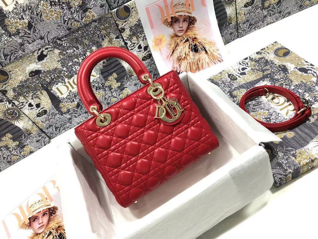 Dior Lady Dior Medium Bag In Red Cannage Lambskin