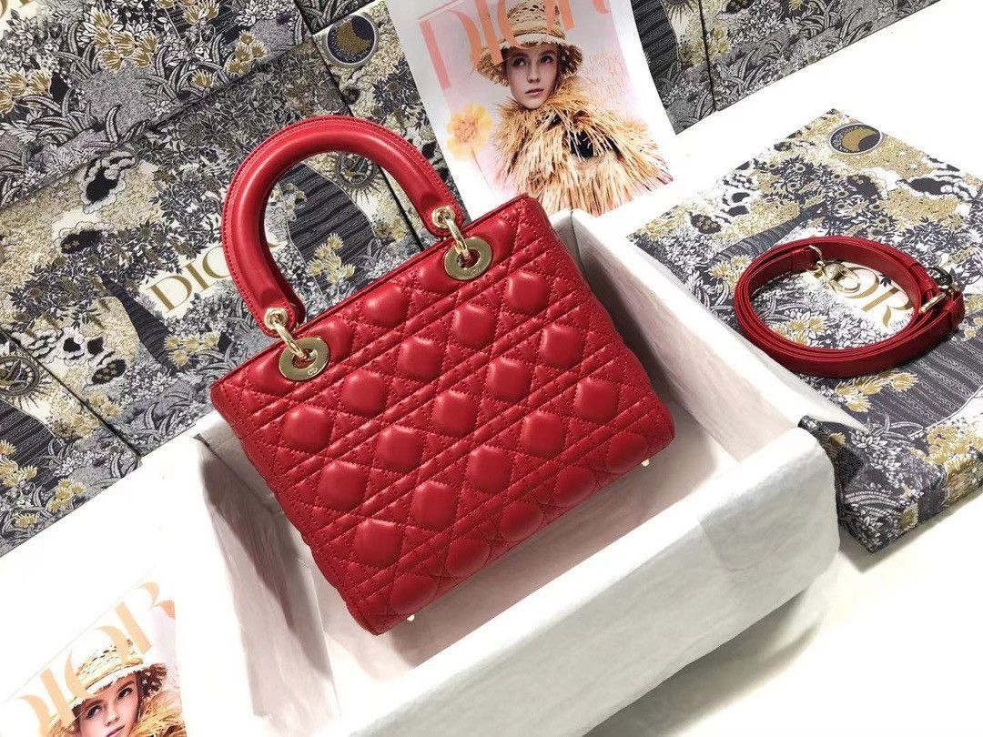 Dior Lady Dior Medium Bag In Red Cannage Lambskin