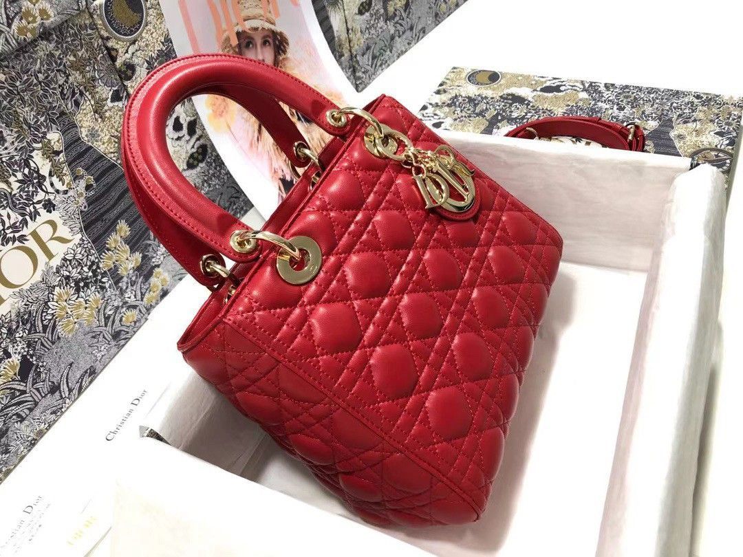 Dior Lady Dior Medium Bag In Red Cannage Lambskin