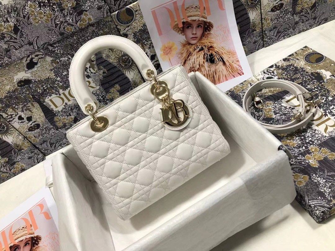 Dior Lady Dior Medium Bag In White Cannage Lambskin