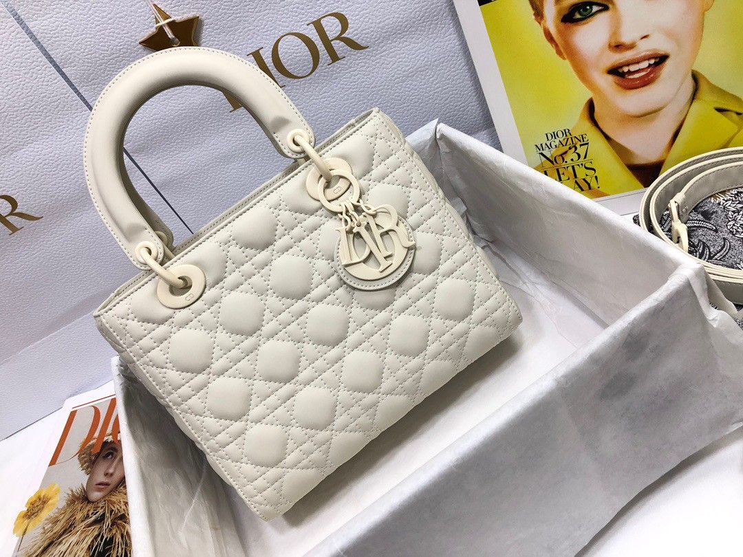 Dior Lady Dior Medium Bag In White Ultramatte Cannage Calfskin