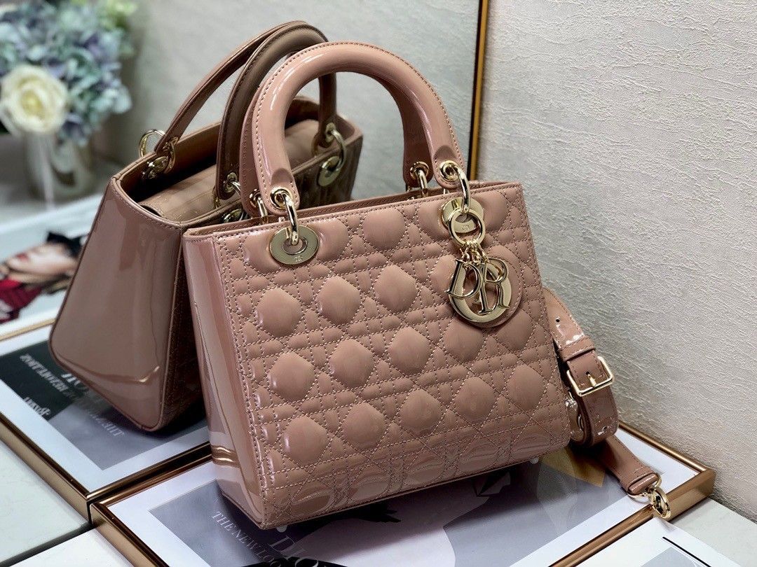 Dior Lady Dior Medium Bag In Blush Patent Cannage Calfskin