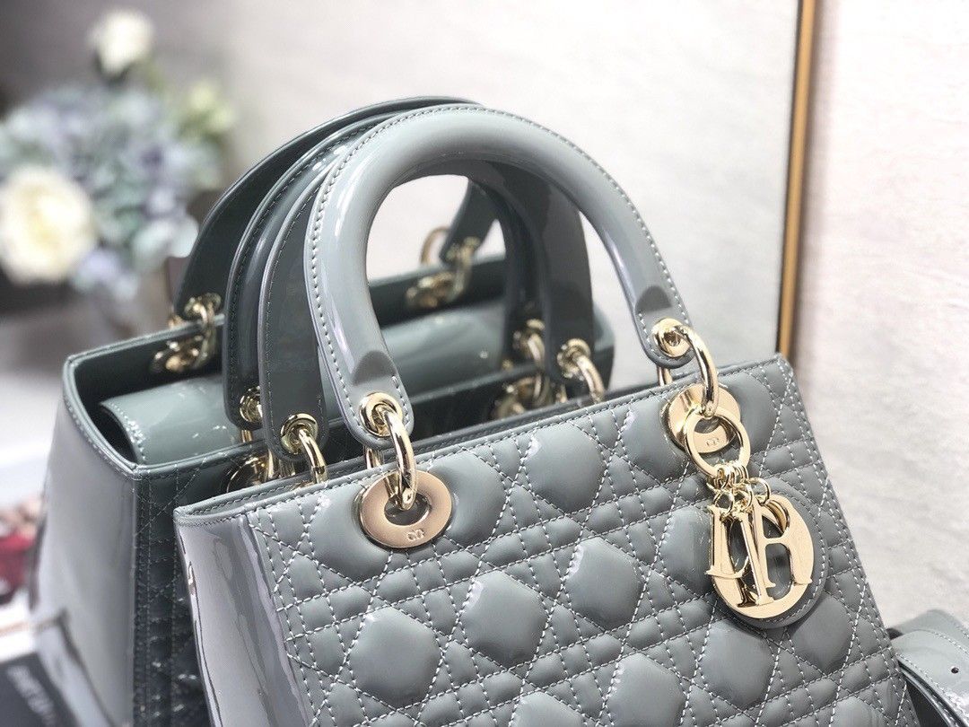 Dior Lady Dior Medium Bag In Grey Patent Cannage Calfskin