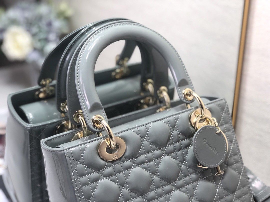 Dior Lady Dior Medium Bag In Grey Patent Cannage Calfskin