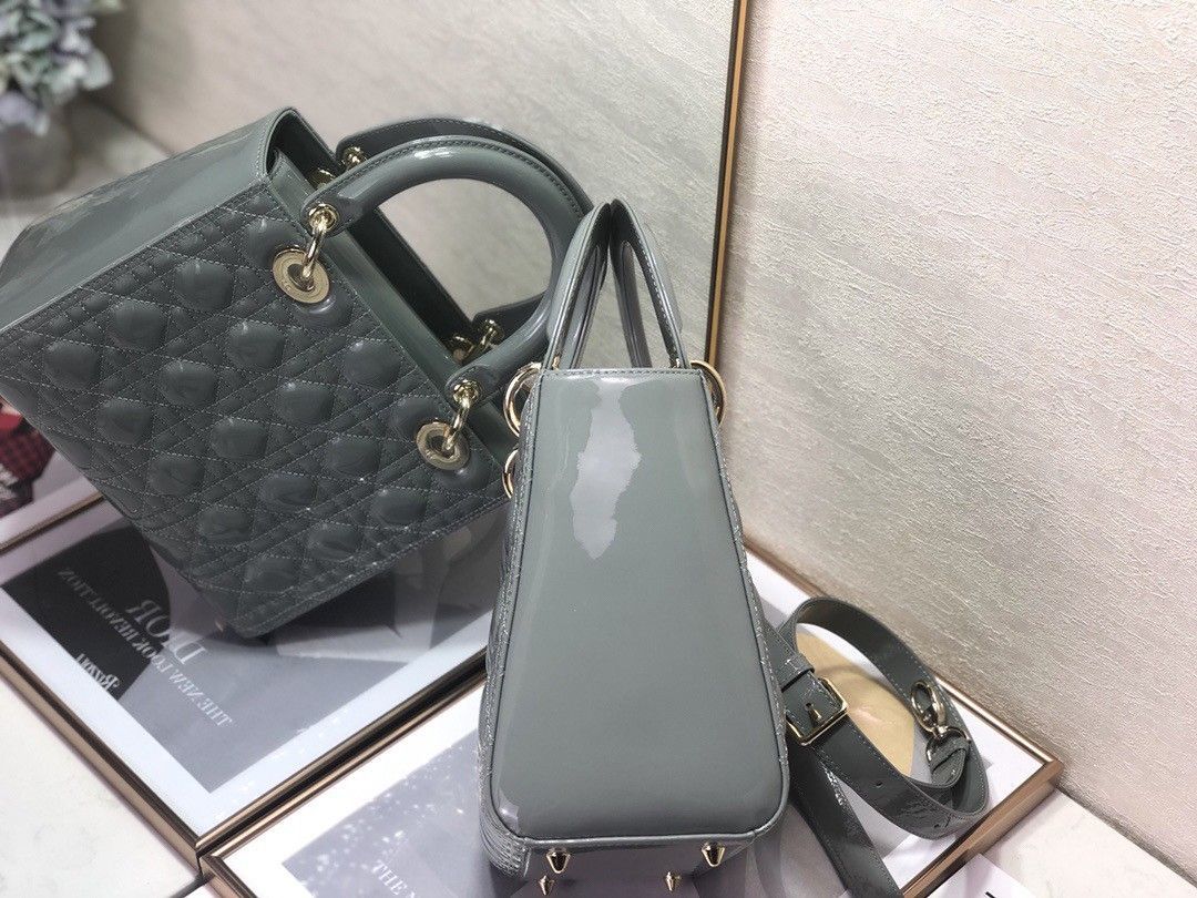 Dior Lady Dior Medium Bag In Grey Patent Cannage Calfskin