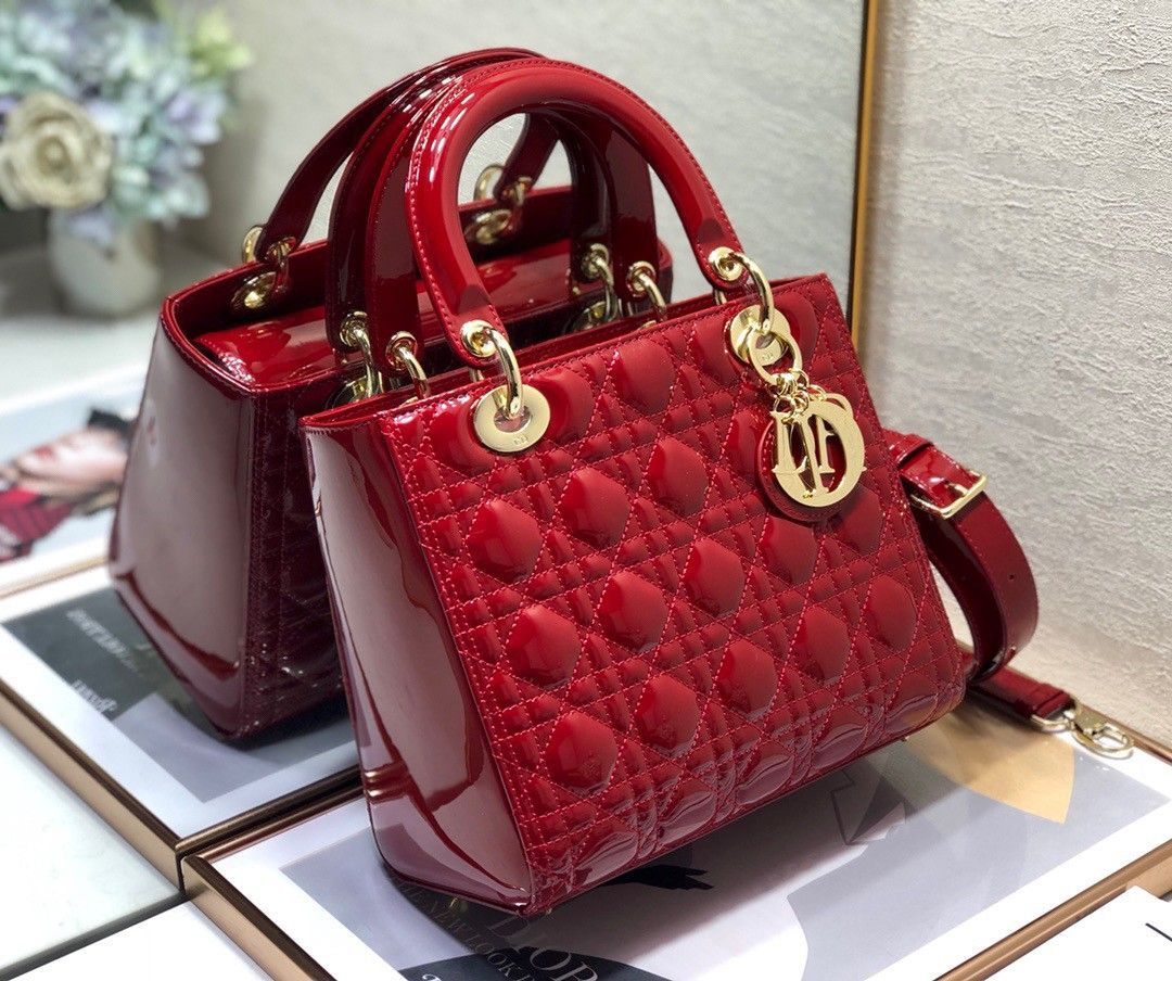 Dior Lady Dior Medium Bag In Red Patent Cannage Calfskin