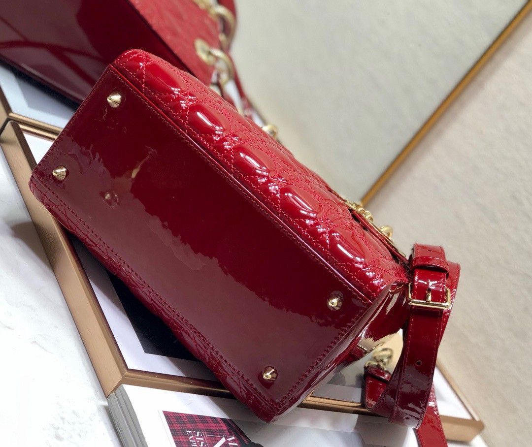 Dior Lady Dior Medium Bag In Red Patent Cannage Calfskin