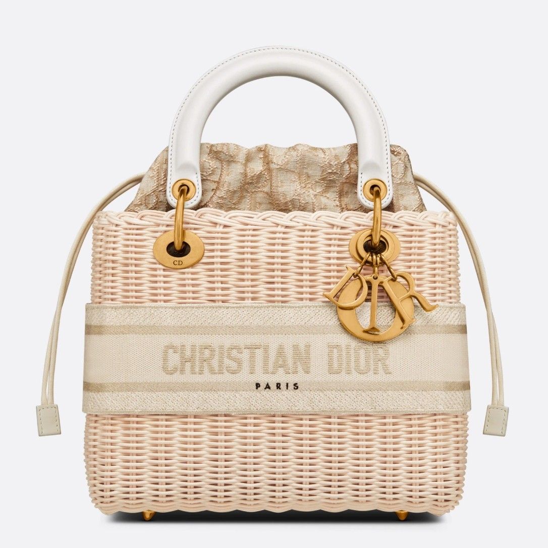 Dior Medium Lady Dior Bag In Wicker and White Oblique Jacquard