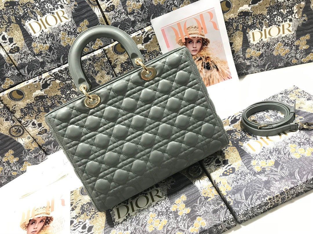 Dior Lady Dior Large Bag In Grey Cannage Lambskin