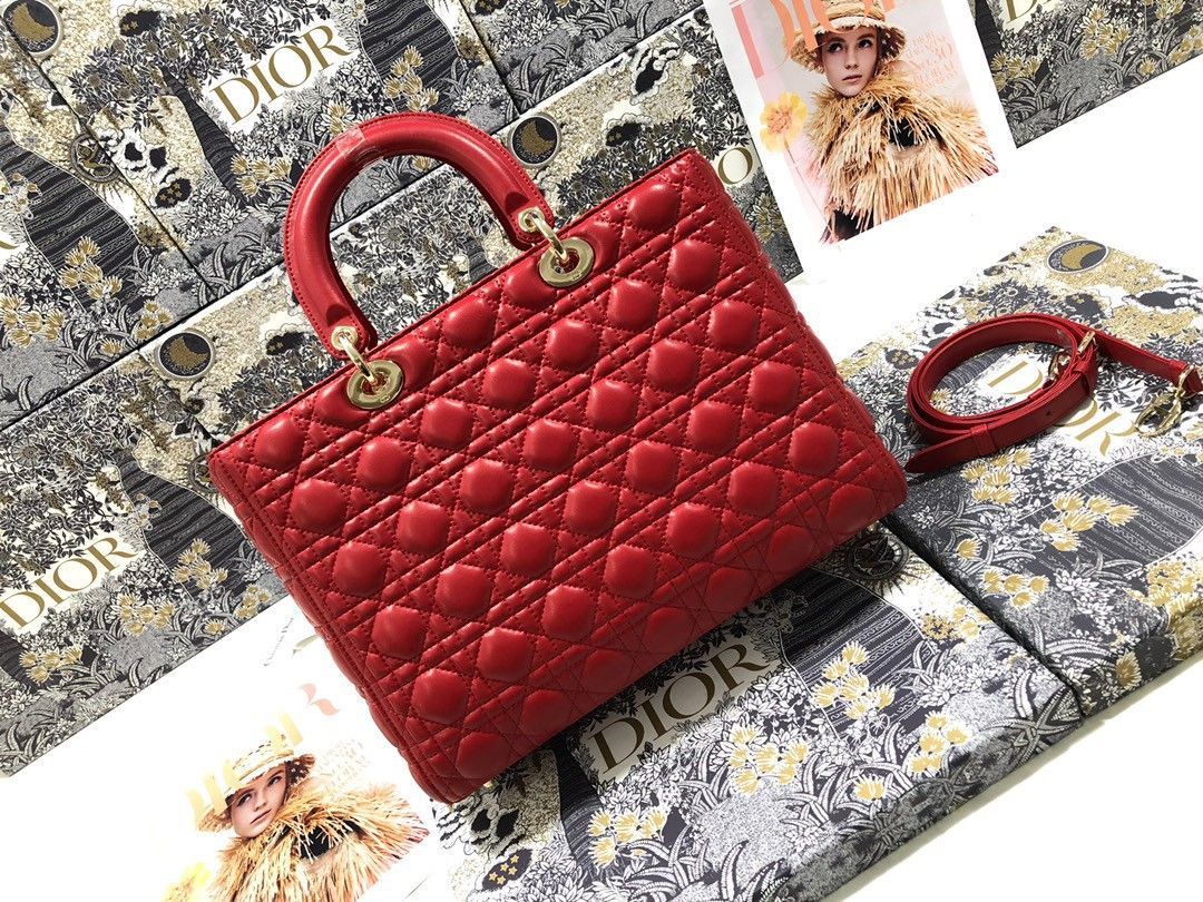 Dior Lady Dior Large Bag In Red Cannage Lambskin