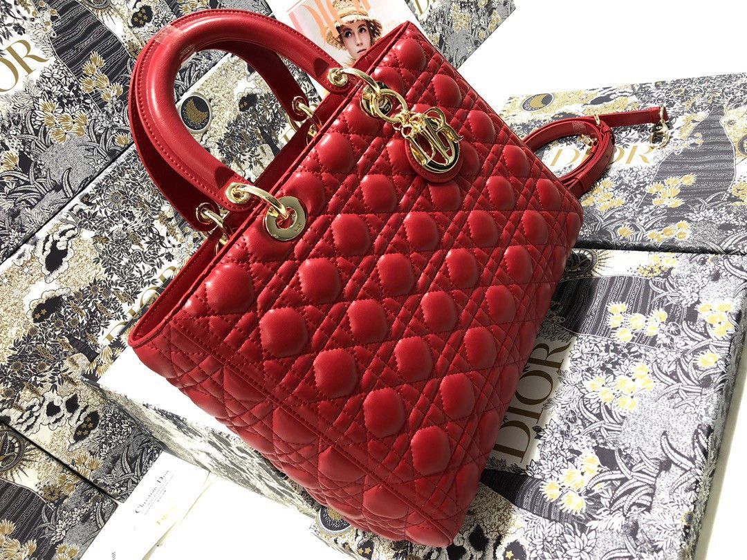 Dior Lady Dior Large Bag In Red Cannage Lambskin