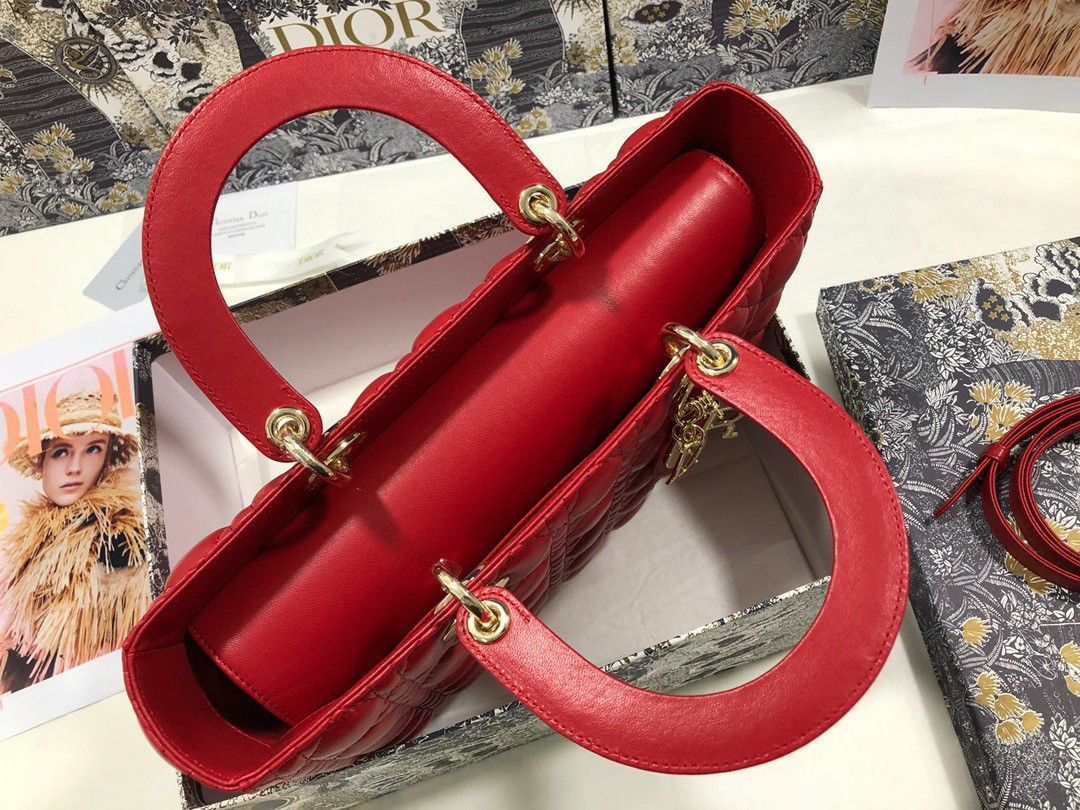 Dior Lady Dior Large Bag In Red Cannage Lambskin