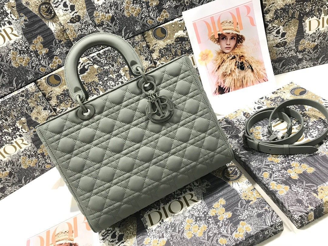 Dior Lady Dior Large Bag In Grey Ultramatte Cannage Calfskin