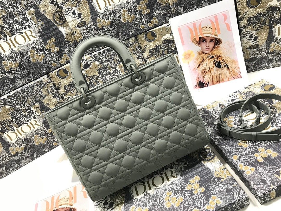 Dior Lady Dior Large Bag In Grey Ultramatte Cannage Calfskin