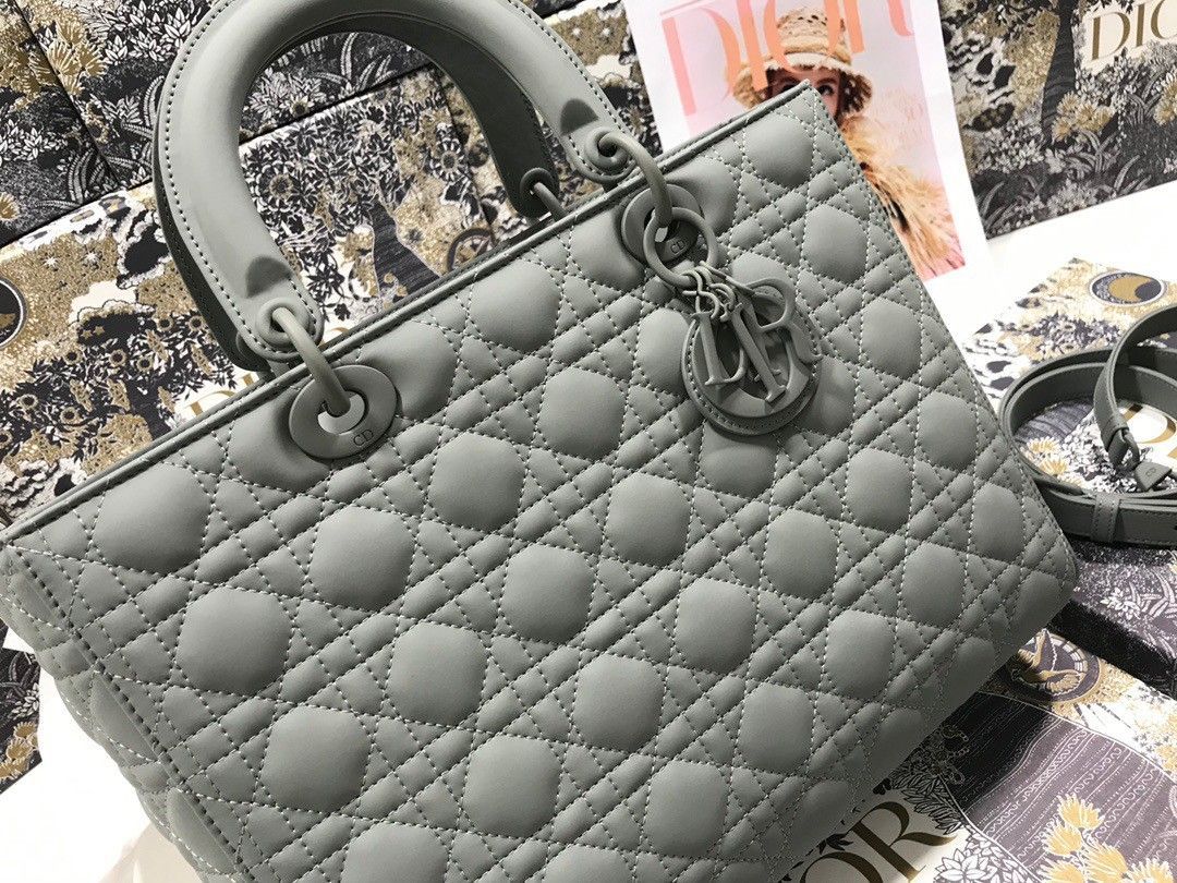 Dior Lady Dior Large Bag In Grey Ultramatte Cannage Calfskin