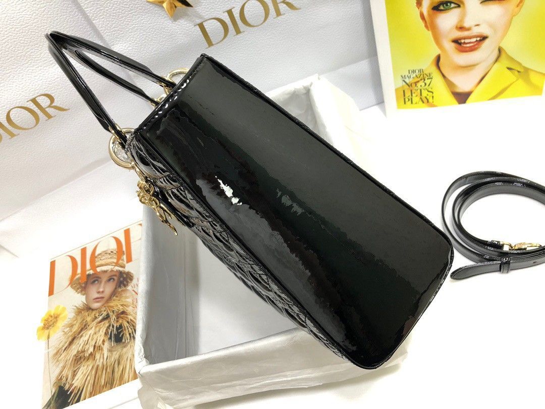 Dior Lady Dior Large Bag In Black Patent Cannage Calfskin