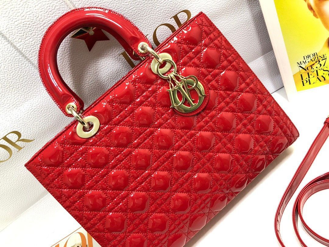 Dior Lady Dior Large Bag In Red Patent Cannage Calfskin