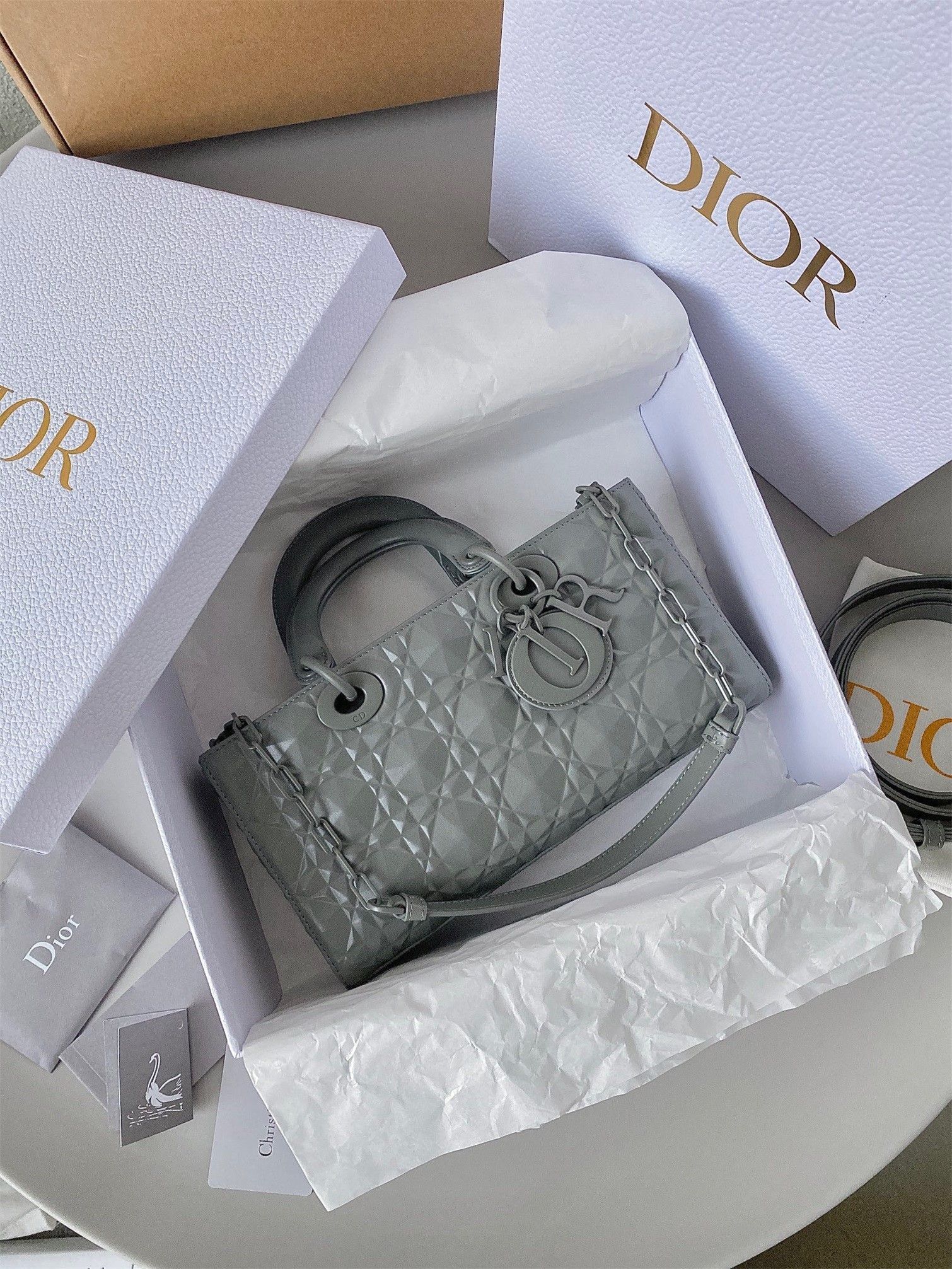 Dior Lady D-Joy Medium Bag In Grey Calfskin with Diamond Motif