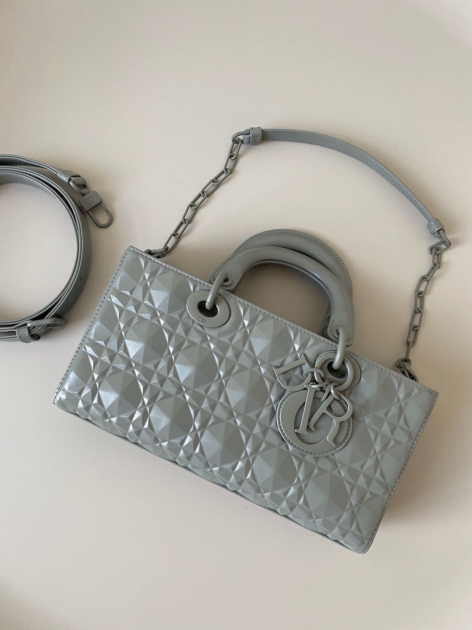 Dior Lady D-Joy Medium Bag In Grey Calfskin with Diamond Motif