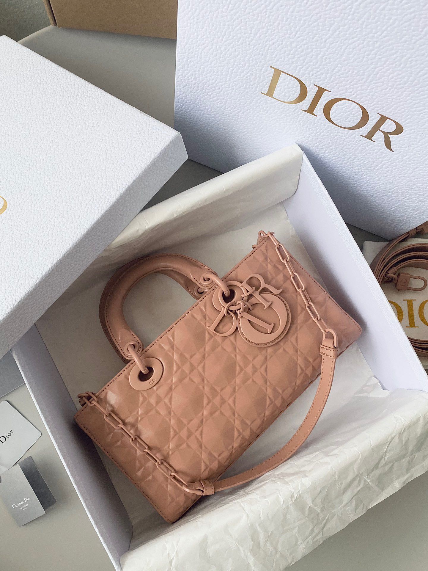 Dior Lady D-Joy Medium Bag In Nude Calfskin with Diamond Motif