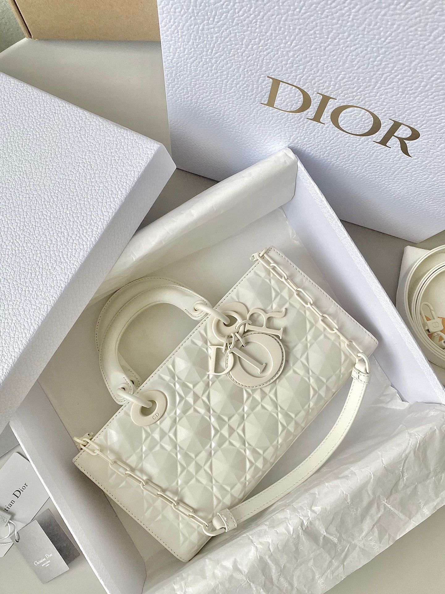 Dior Lady D-Joy Medium Bag In White Calfskin with Diamond Motif