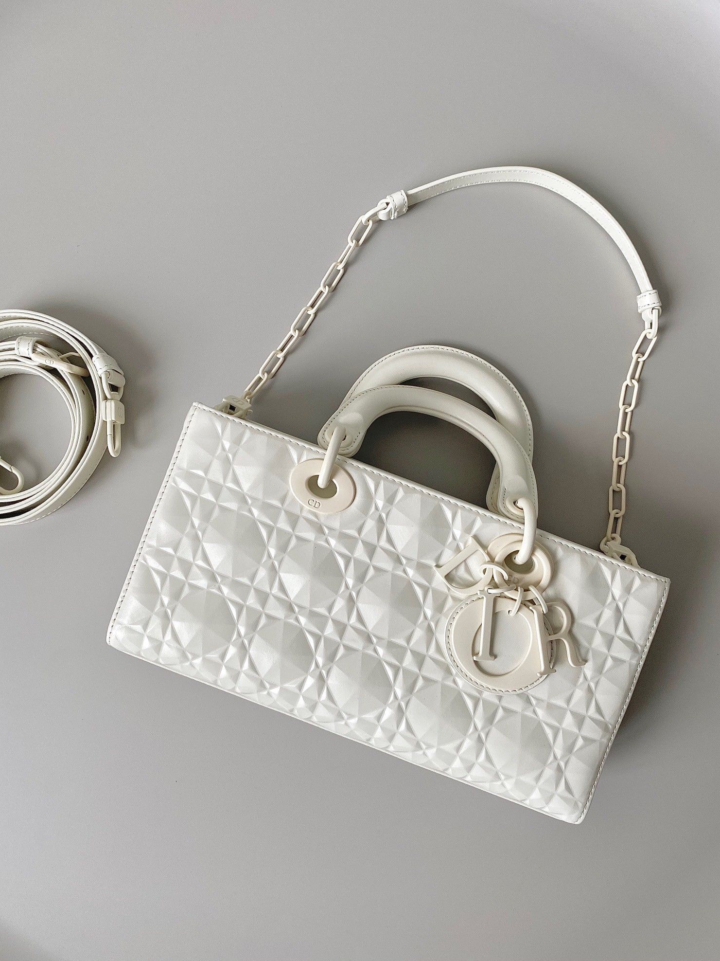 Dior Lady D-Joy Medium Bag In White Calfskin with Diamond Motif