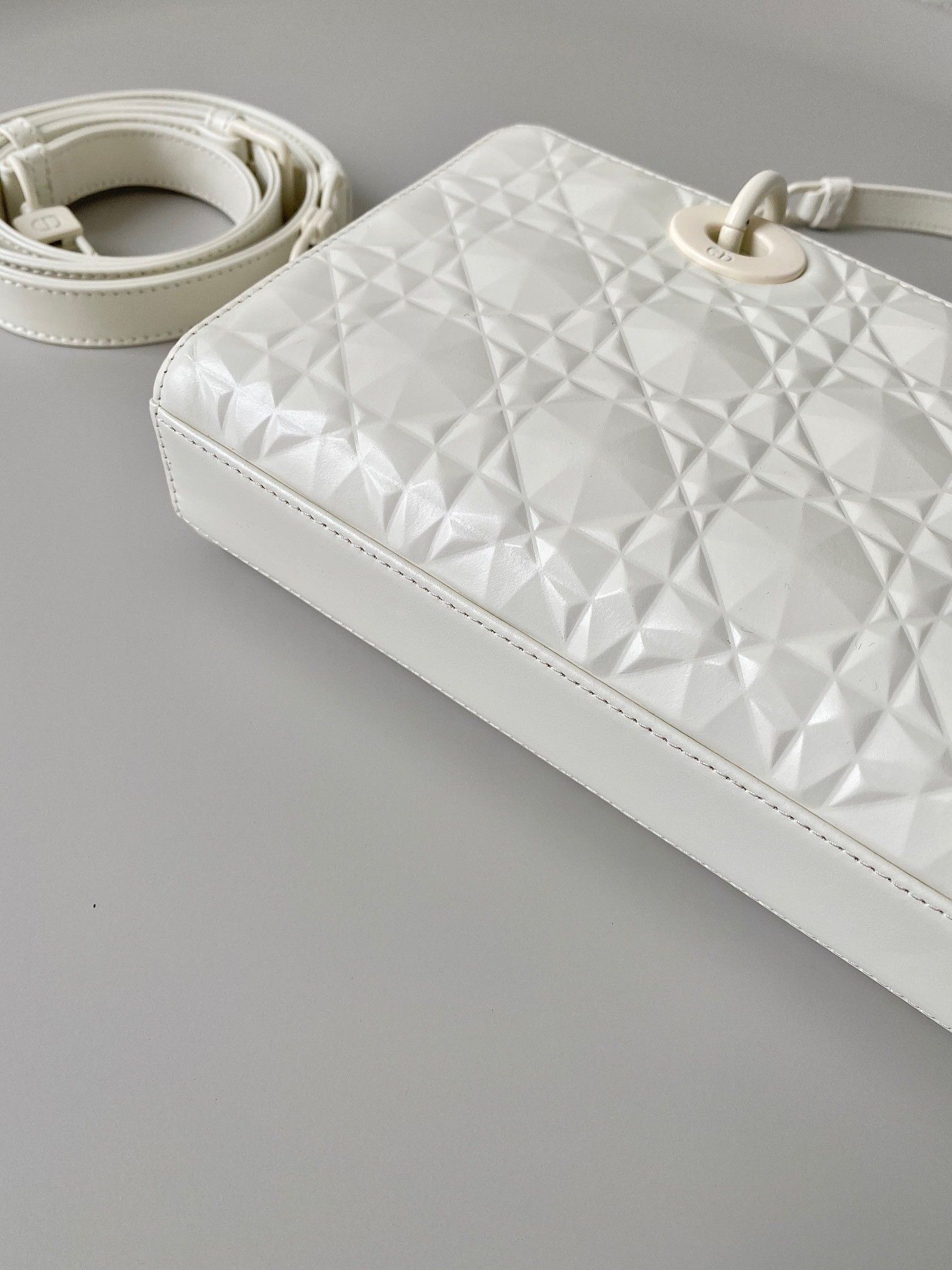 Dior Lady D-Joy Medium Bag In White Calfskin with Diamond Motif