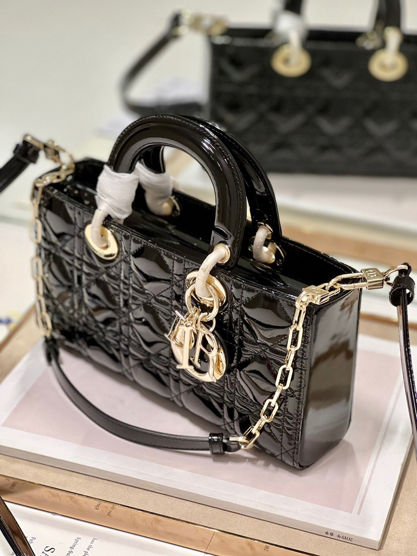 Dior Lady D-Joy Medium Bag In Black Patent Cannage Calfskin