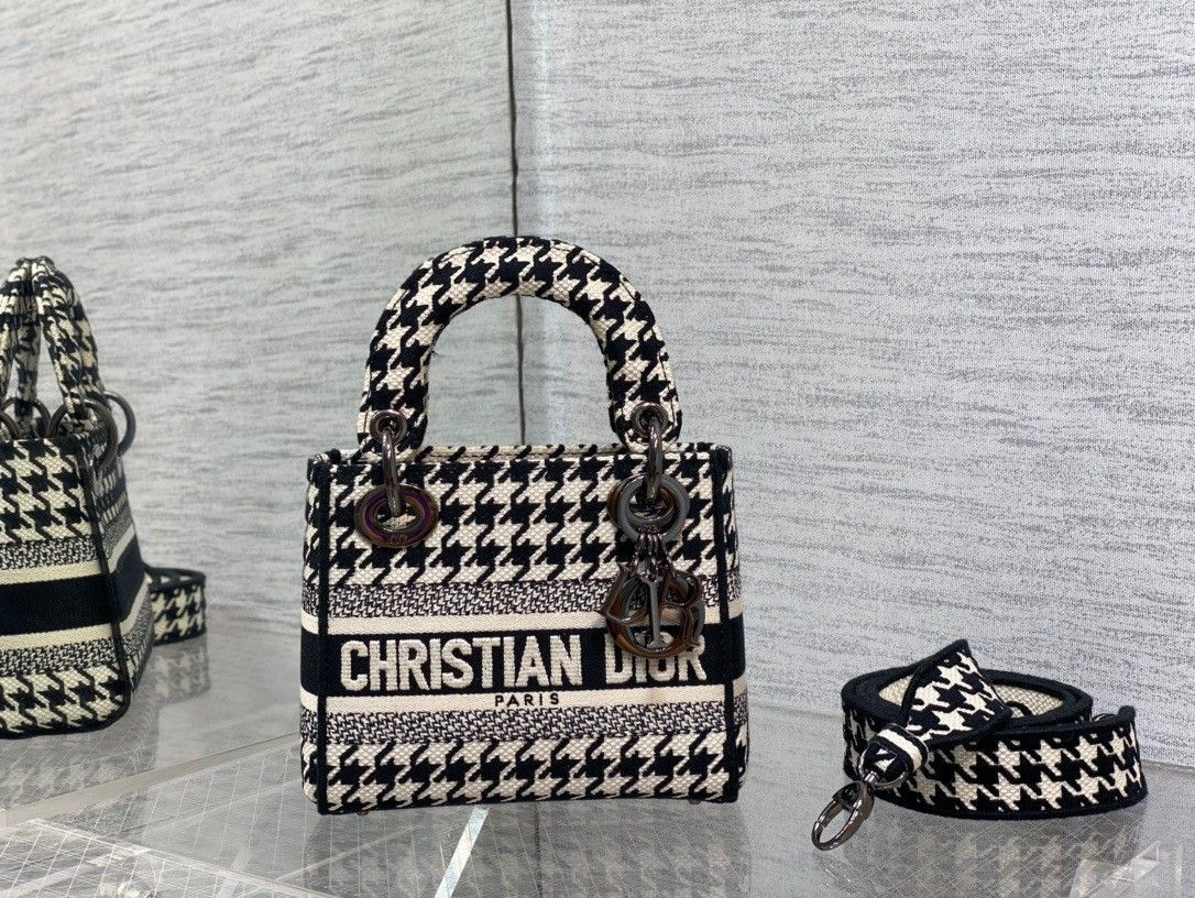 Dior Lady D-Lite Mini Bag In Black and White Houndstooth Embroidery