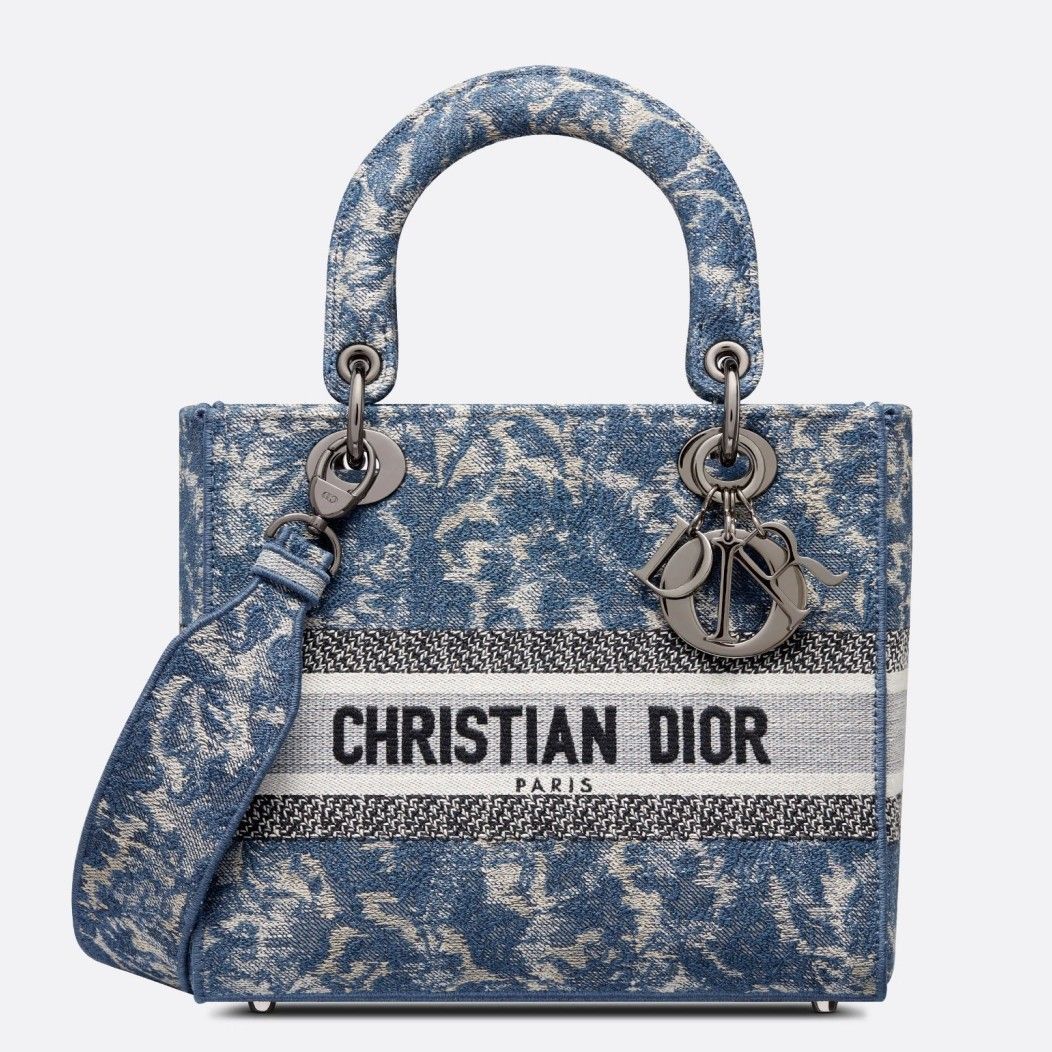 Dior Lady D-Lite Medium Bag In Blue Brocart Denim-Effect Embroidery