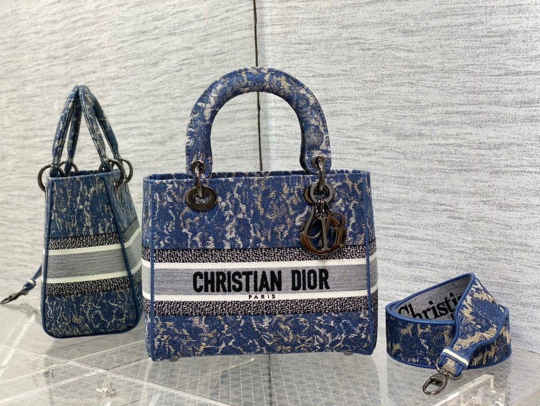 Dior Lady D-Lite Medium Bag In Blue Brocart Denim-Effect Embroidery