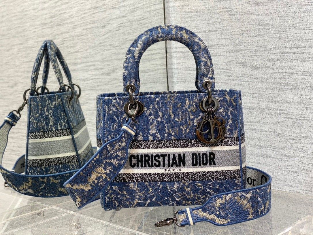 Dior Lady D-Lite Medium Bag In Blue Brocart Denim-Effect Embroidery