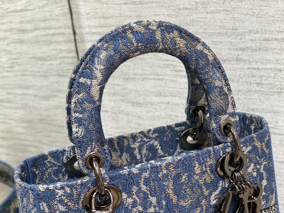 Dior Lady D-Lite Medium Bag In Blue Brocart Denim-Effect Embroidery