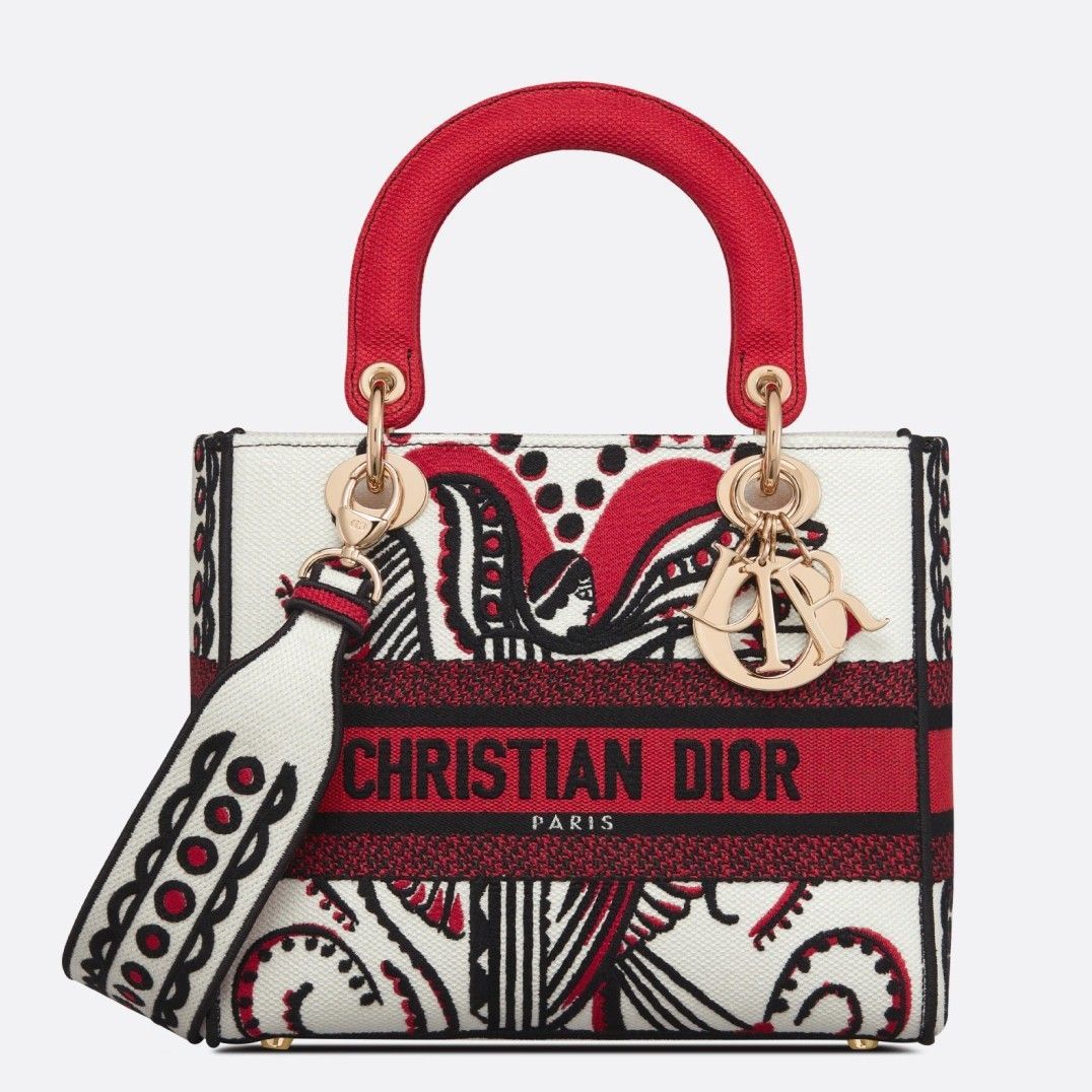 Dior Lady D-Lite Medium Bag In White Multicolor Cupidon Embroidery