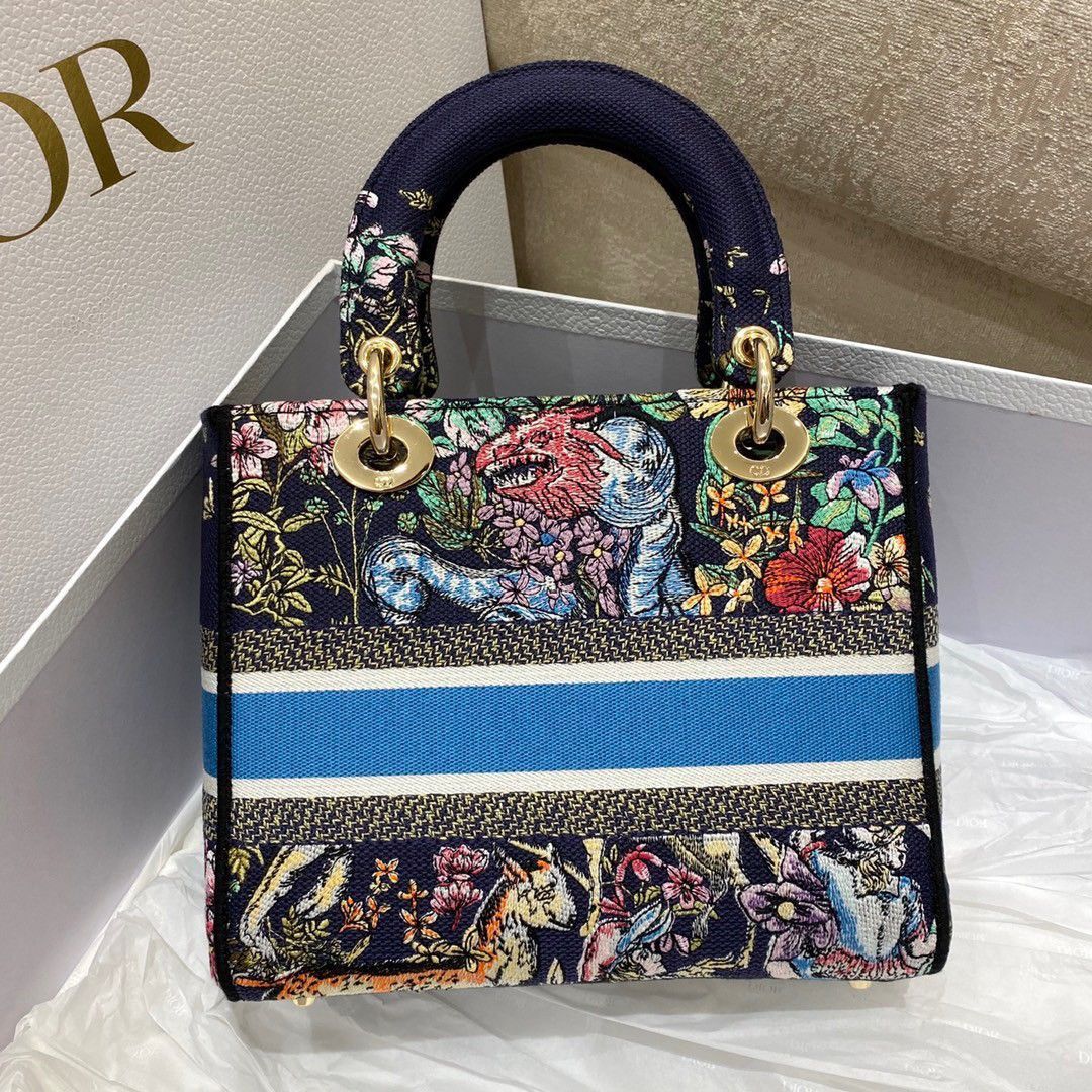 Dior Lady D-Lite Medium Bag In Blue D-Constellation Embroidery